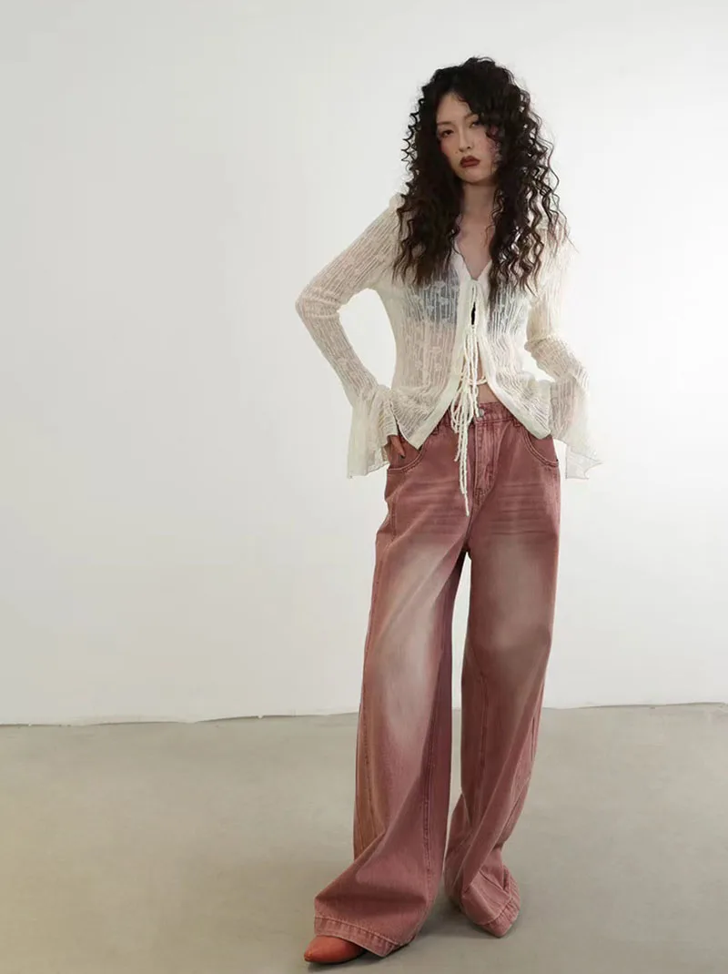 Summer Chiffon Lace Up Sun Protection Shirt Women Y2K American Streetwear Sexy Hollow Out Long Sleeve Tops Lady All Match Blouse