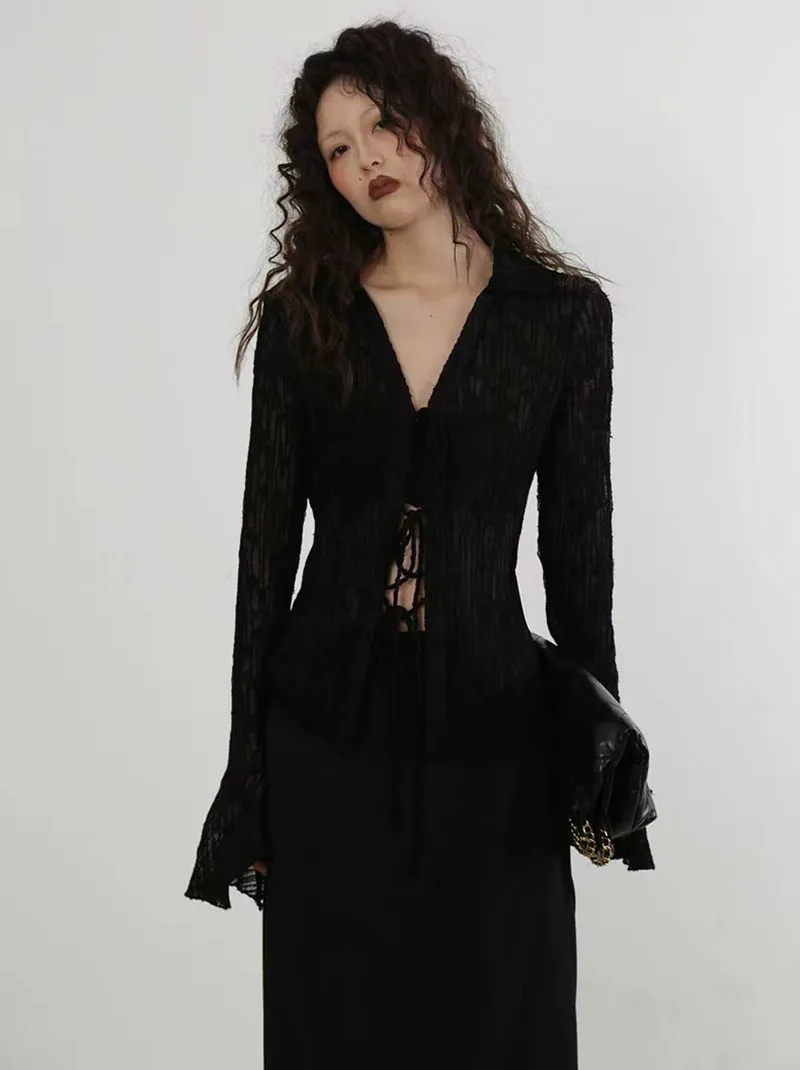 Summer Chiffon Lace Up Sun Protection Shirt Women Y2K American Streetwear Sexy Hollow Out Long Sleeve Tops Lady All Match Blouse