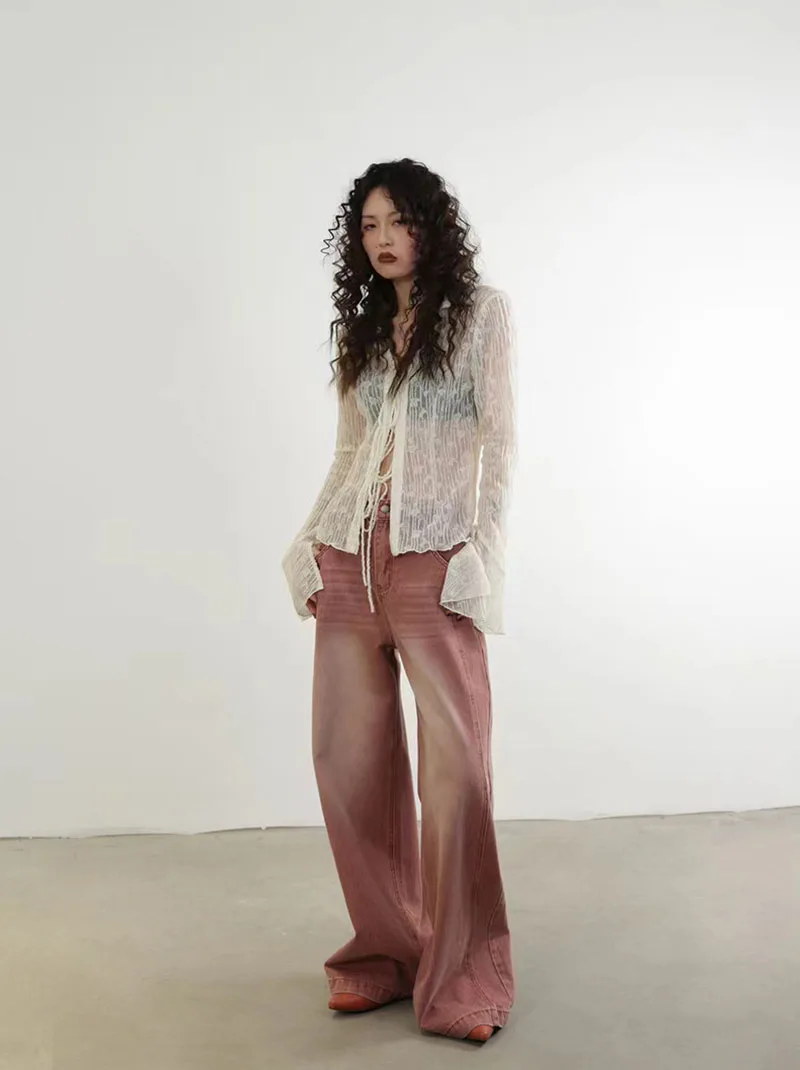 Summer Chiffon Lace Up Sun Protection Shirt Women Y2K American Streetwear Sexy Hollow Out Long Sleeve Tops Lady All Match Blouse