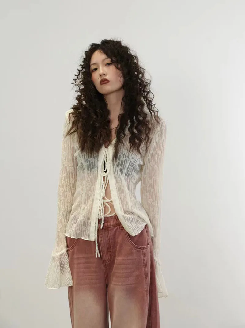 Summer Chiffon Lace Up Sun Protection Shirt Women Y2K American Streetwear Sexy Hollow Out Long Sleeve Tops Lady All Match Blouse