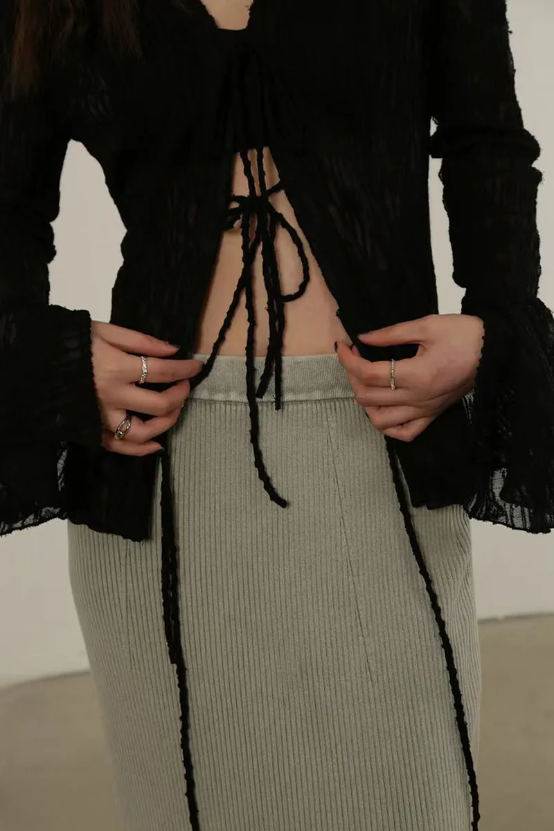 Summer Chiffon Lace Up Sun Protection Shirt Women Y2K American Streetwear Sexy Hollow Out Long Sleeve Tops Lady All Match Blouse