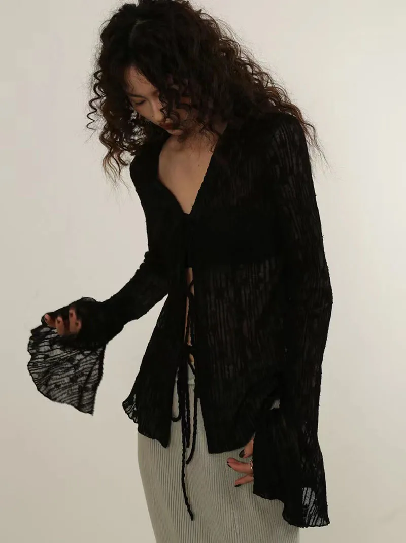 Summer Chiffon Lace Up Sun Protection Shirt Women Y2K American Streetwear Sexy Hollow Out Long Sleeve Tops Lady All Match Blouse