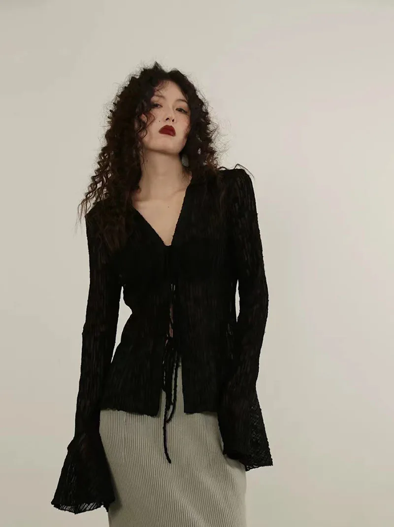 Summer Chiffon Lace Up Sun Protection Shirt Women Y2K American Streetwear Sexy Hollow Out Long Sleeve Tops Lady All Match Blouse