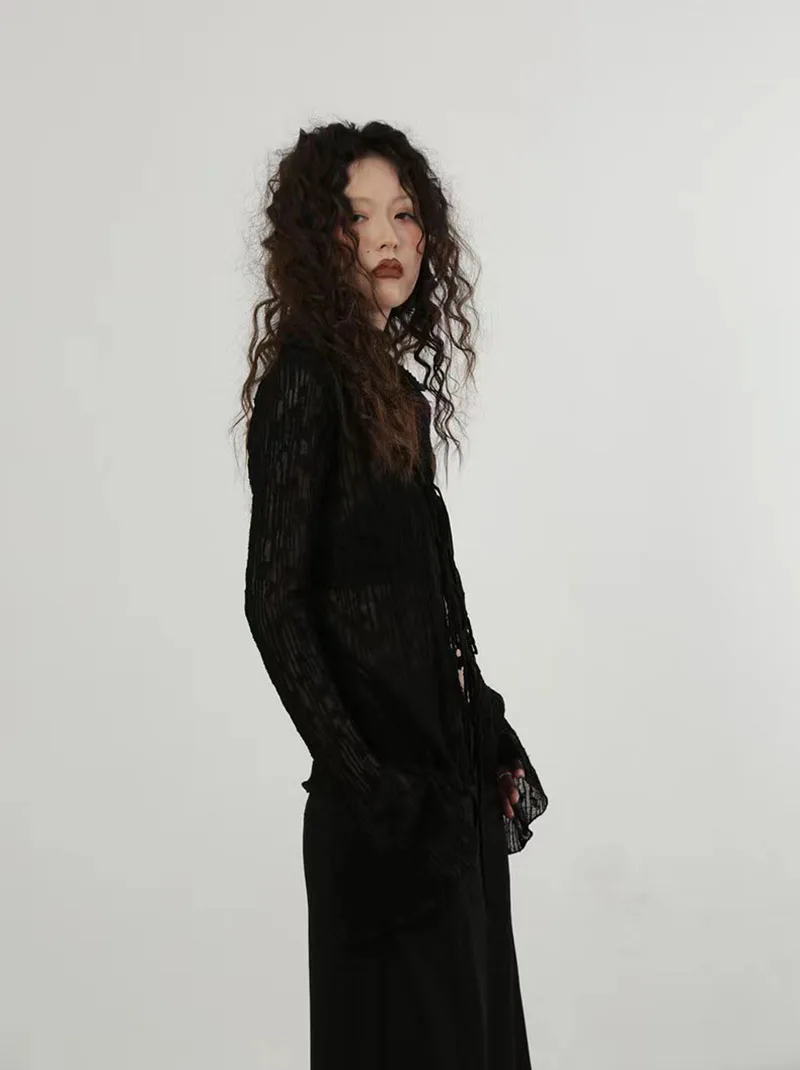 Summer Chiffon Lace Up Sun Protection Shirt Women Y2K American Streetwear Sexy Hollow Out Long Sleeve Tops Lady All Match Blouse