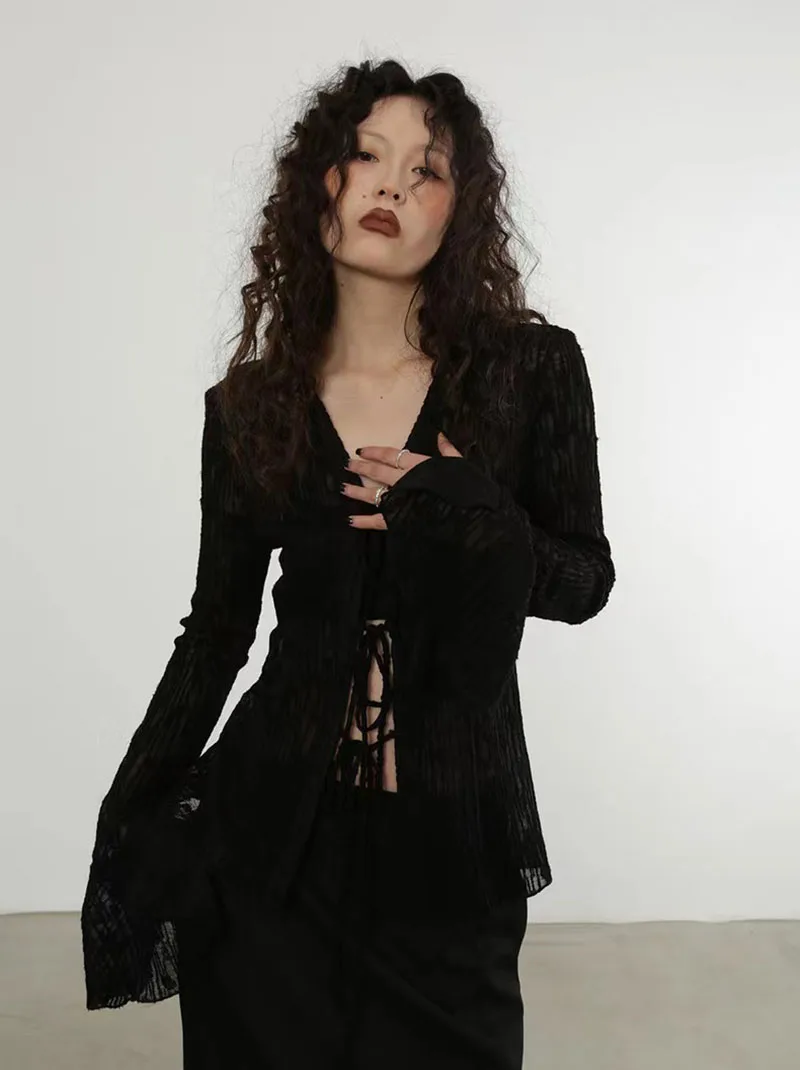 Summer Chiffon Lace Up Sun Protection Shirt Women Y2K American Streetwear Sexy Hollow Out Long Sleeve Tops Lady All Match Blouse