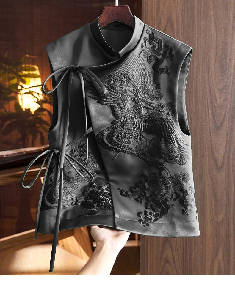 Vintage Chinese Style Outerwear Vest White Crane/Flowers Embroidered Lacing Vests Spring And Summer Elegant Women's Clothing