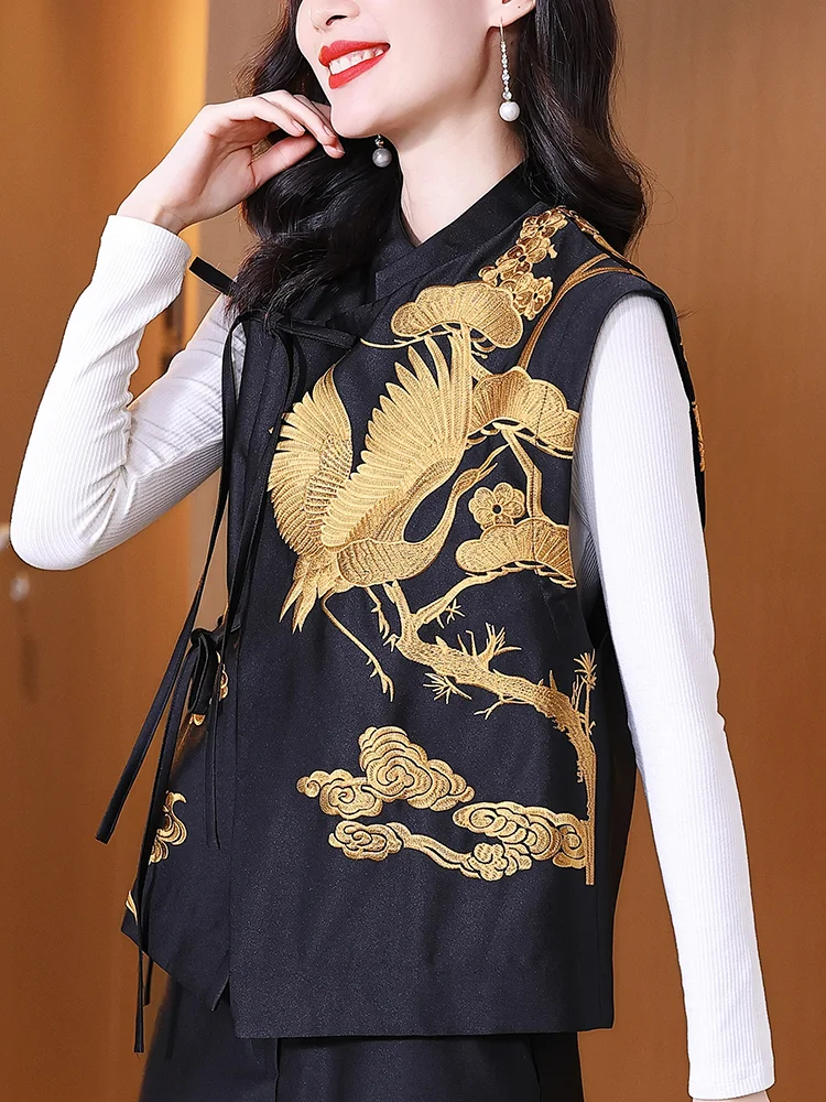 Vintage Chinese Style Outerwear Vest White Crane/Flowers Embroidered Lacing Vests Spring And Summer Elegant Women's Clothing