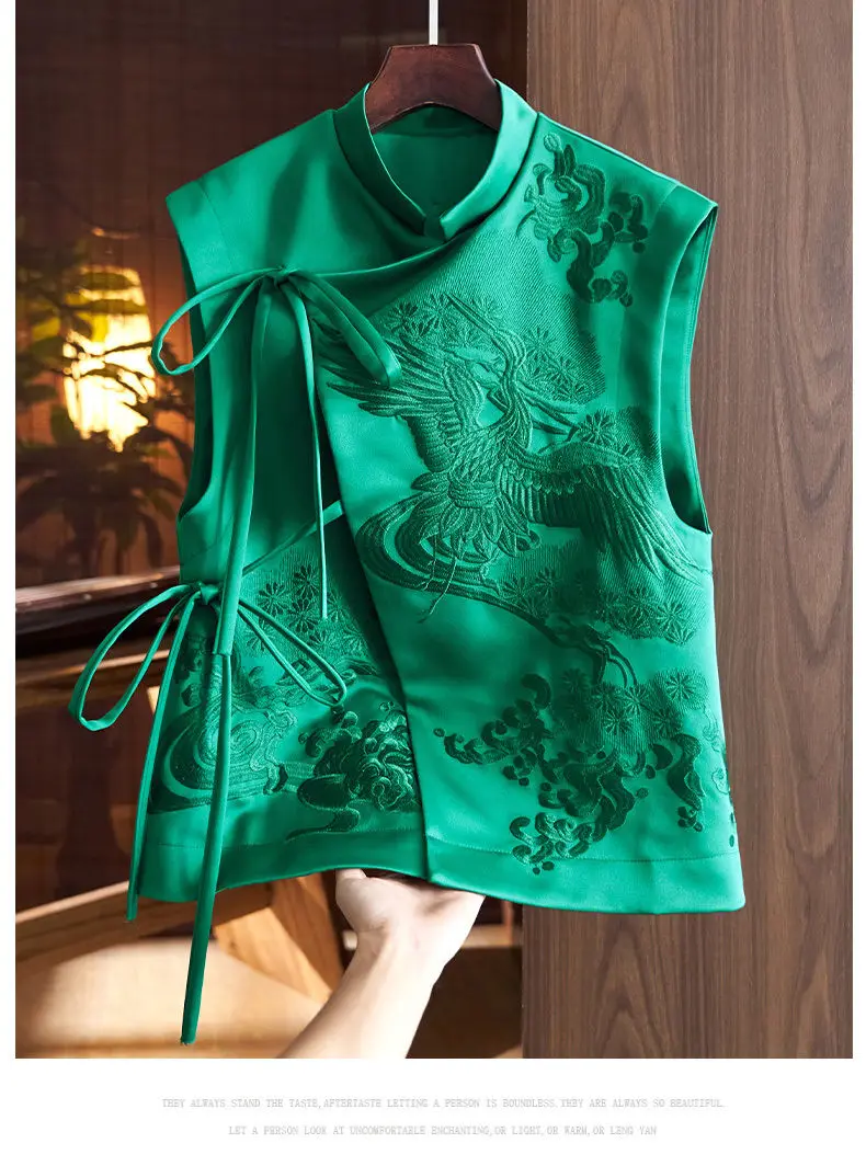 Vintage Chinese Style Outerwear Vest White Crane/Flowers Embroidered Lacing Vests Spring And Summer Elegant Women's Clothing