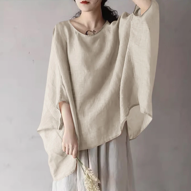 ZANZEA Women Dolman 3/4 Sleeve Blouse 2024 Summer Holiday Irregular Shirt Elegant Solid Simple Tunic Casual Loose O-neck Blusas