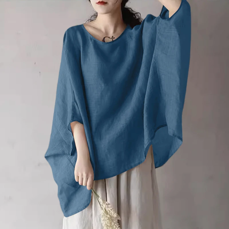 ZANZEA Women Dolman 3/4 Sleeve Blouse 2024 Summer Holiday Irregular Shirt Elegant Solid Simple Tunic Casual Loose O-neck Blusas