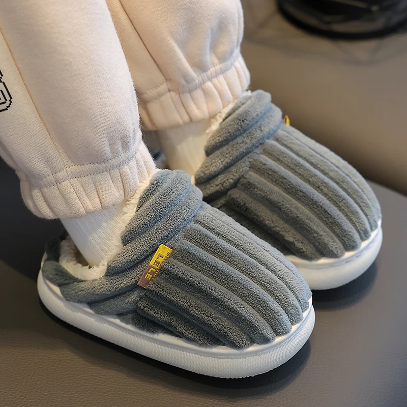 2024 Winter Concise Stripe Plush Slippers Children's Non-slip Soft Indoor Fluffy Mule For Boys Girls Warm Kids Home Cotton Shoes