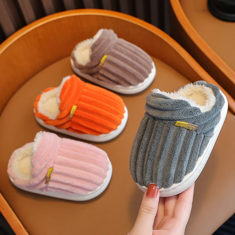 2024 Winter Concise Stripe Plush Slippers Children's Non-slip Soft Indoor Fluffy Mule For Boys Girls Warm Kids Home Cotton Shoes
