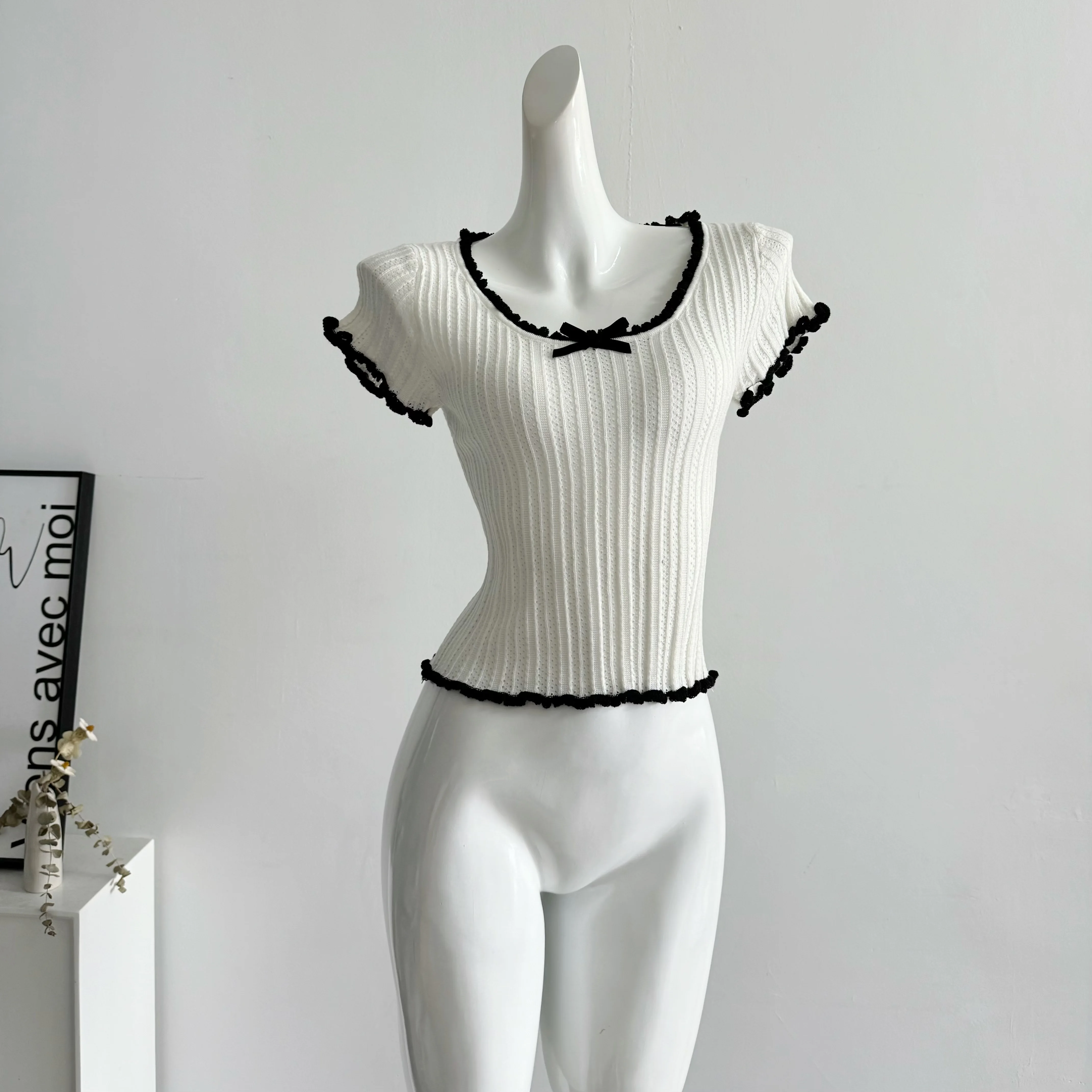 Women's Short Sleeve Ribbed Knit Top with Bow Front Pointelle Fitted Crop Shirt Teen-girl Balletcore Y2K 90s Basic Outfit