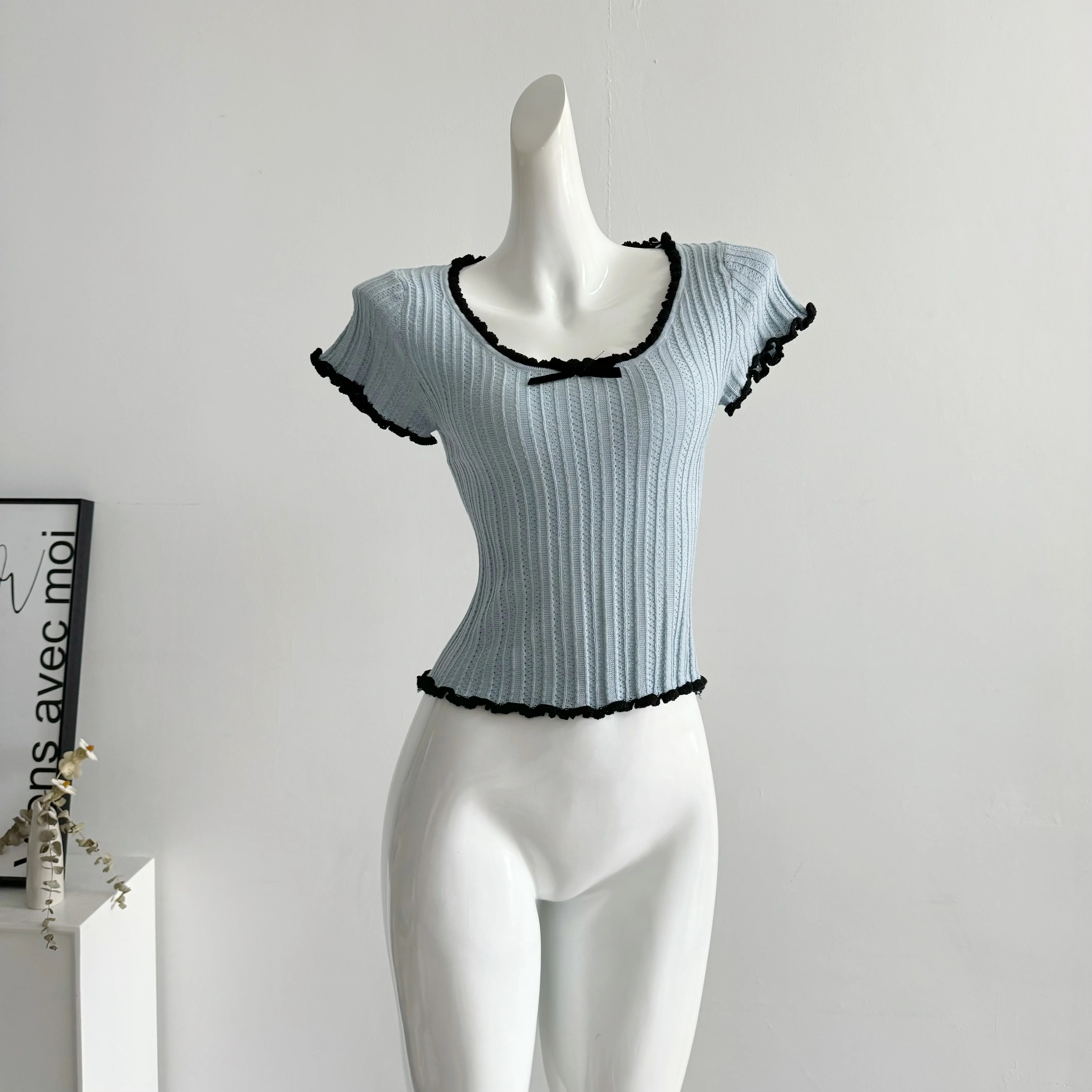 Women's Short Sleeve Ribbed Knit Top with Bow Front Pointelle Fitted Crop Shirt Teen-girl Balletcore Y2K 90s Basic Outfit
