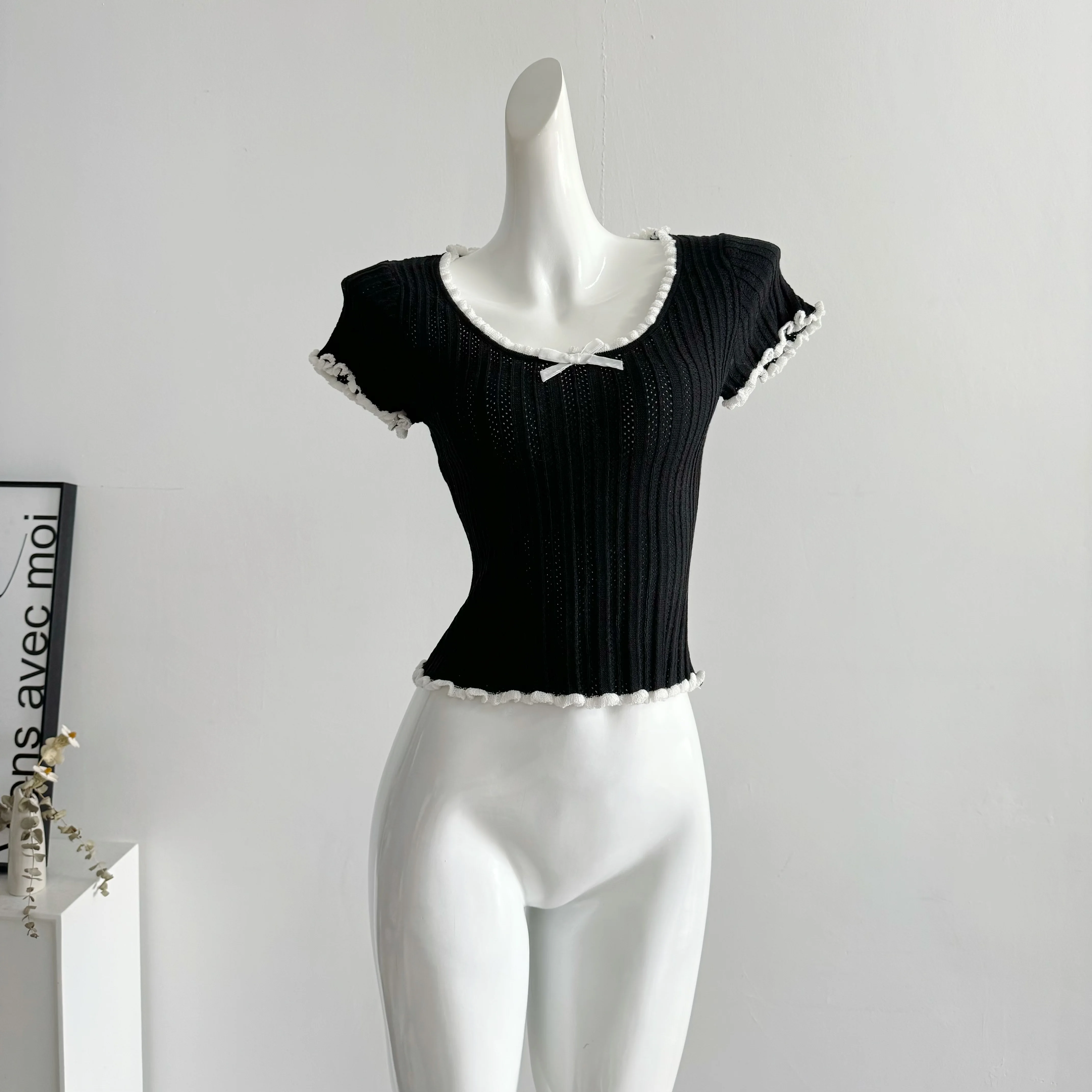 Women's Short Sleeve Ribbed Knit Top with Bow Front Pointelle Fitted Crop Shirt Teen-girl Balletcore Y2K 90s Basic Outfit