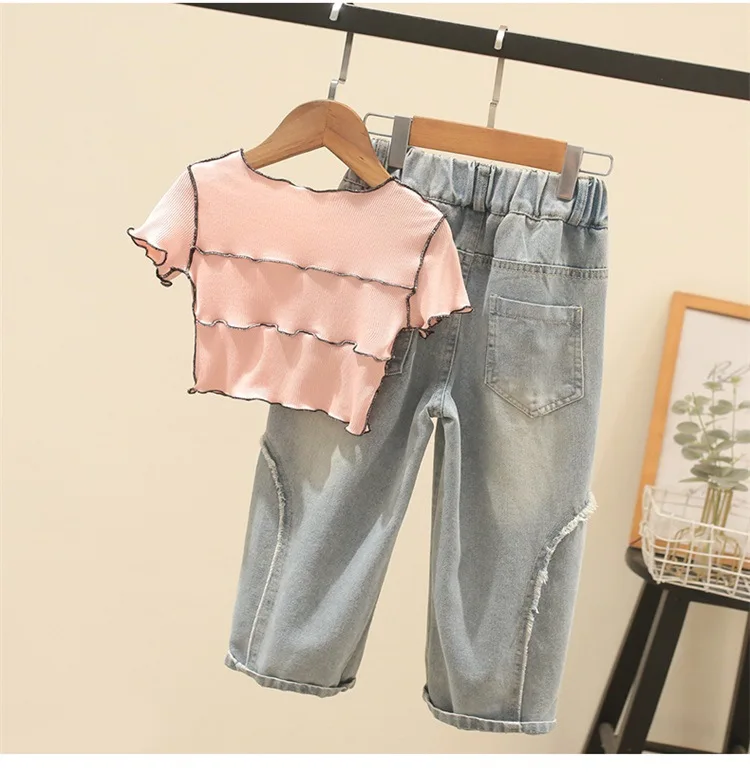 4-12 Years Teenger Girls Clothing Set Autumn Fashion Short Shirt + Letter Jeans 2Pcs Suit For Girl  Children Birthday Present