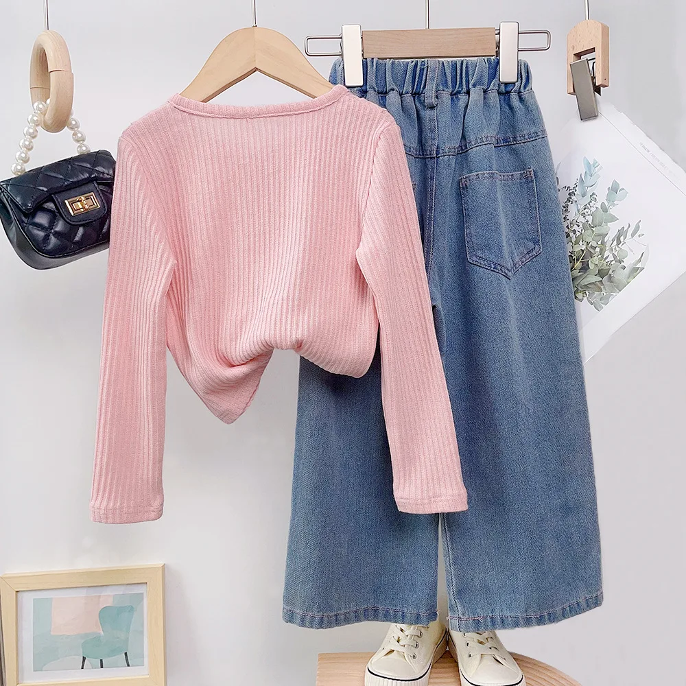4-12 Years Teenger Girls Clothing Set Autumn Fashion Short Shirt + Letter Jeans 2Pcs Suit For Girl  Children Birthday Present