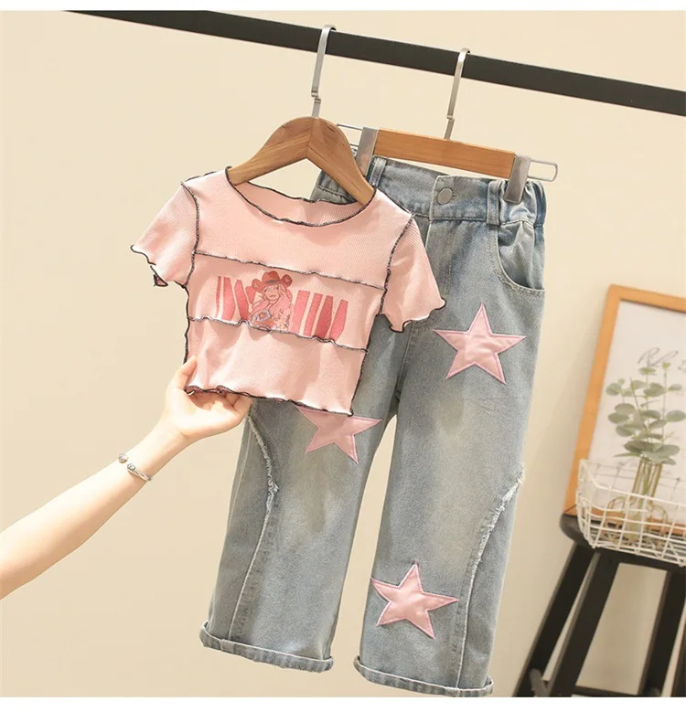 4-12 Years Teenger Girls Clothing Set Autumn Fashion Short Shirt + Letter Jeans 2Pcs Suit For Girl  Children Birthday Present