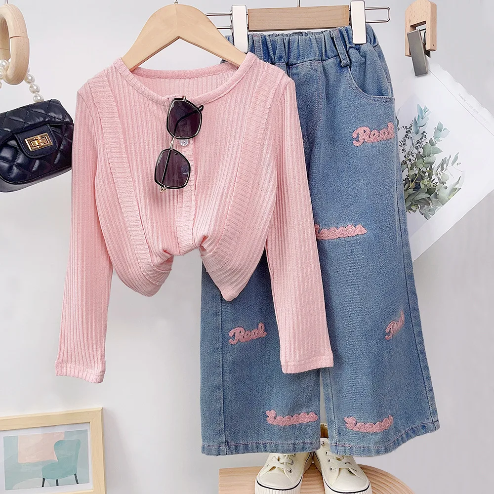 4-12 Years Teenger Girls Clothing Set Autumn Fashion Short Shirt + Letter Jeans 2Pcs Suit For Girl  Children Birthday Present