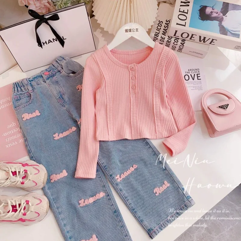 4-12 Years Teenger Girls Clothing Set Autumn Fashion Short Shirt + Letter Jeans 2Pcs Suit For Girl  Children Birthday Present