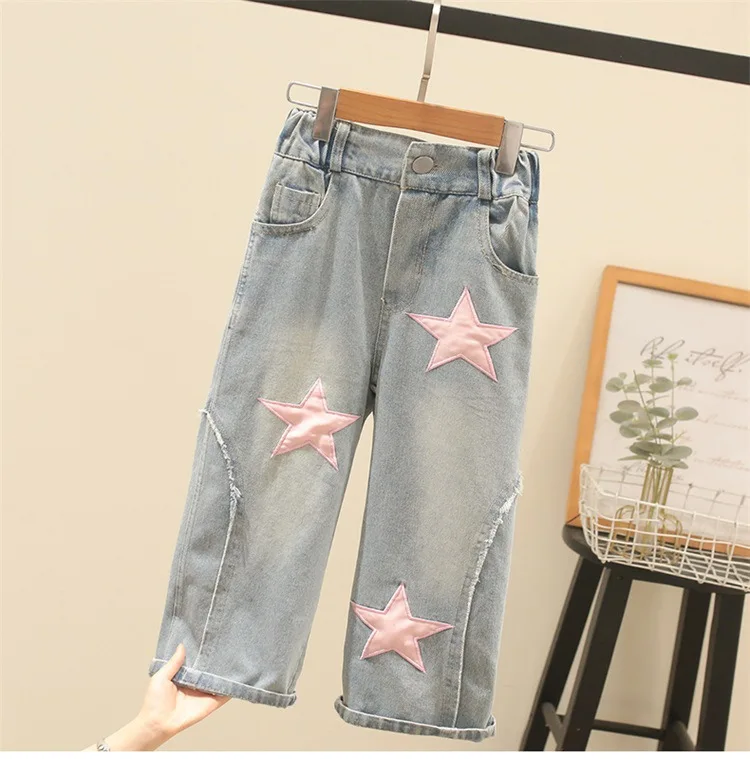 4-12 Years Teenger Girls Clothing Set Autumn Fashion Short Shirt + Letter Jeans 2Pcs Suit For Girl  Children Birthday Present