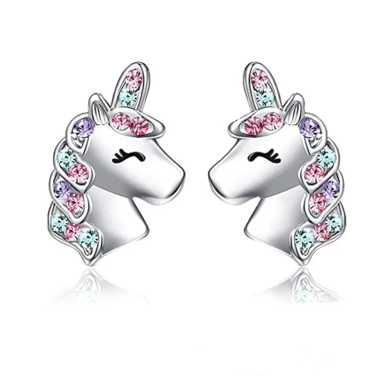 EVISPOL 2-6Pcs 316 Stainless Steel Cute Heart-Shaped Unicorn Stud Earrings for Women Hypoallergenic CZ Rainbow Earring Studs