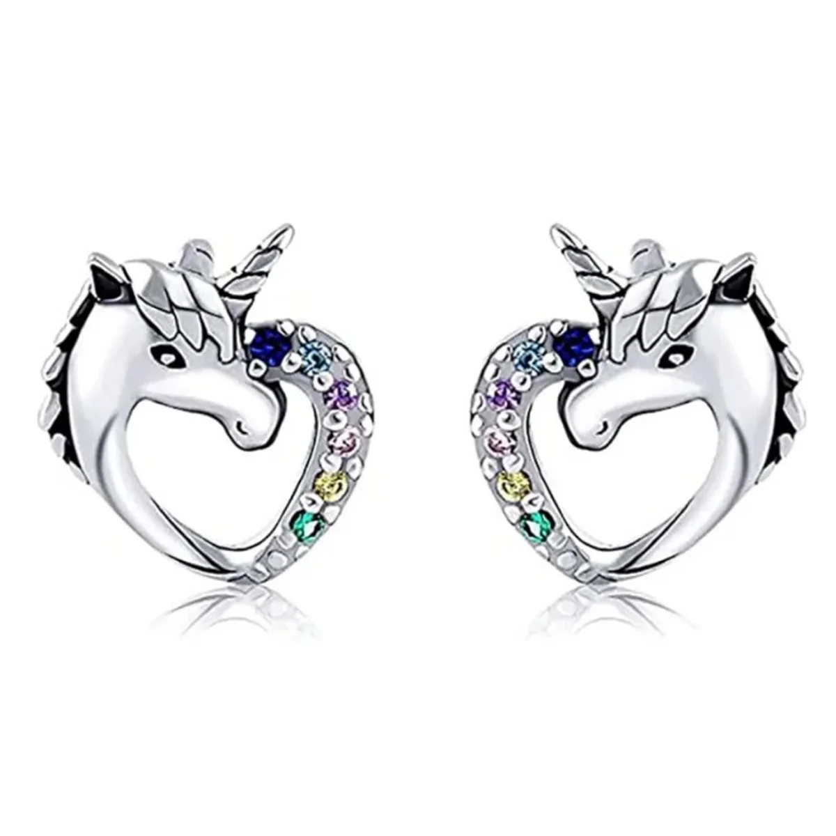 EVISPOL 2-6Pcs 316 Stainless Steel Cute Heart-Shaped Unicorn Stud Earrings for Women Hypoallergenic CZ Rainbow Earring Studs