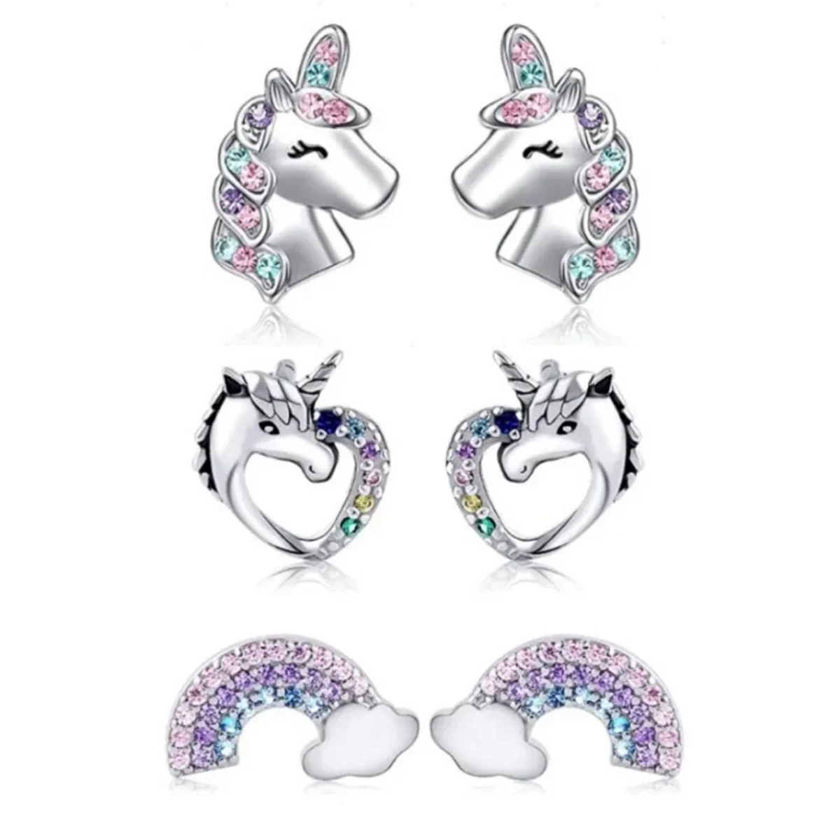 EVISPOL 2-6Pcs 316 Stainless Steel Cute Heart-Shaped Unicorn Stud Earrings for Women Hypoallergenic CZ Rainbow Earring Studs