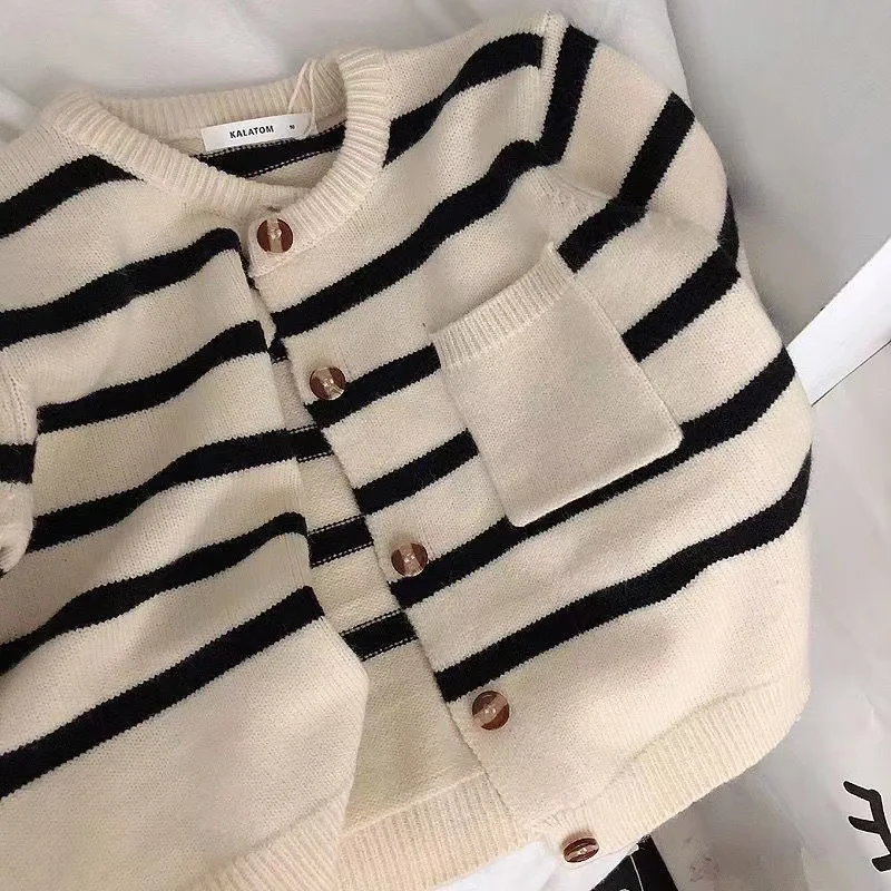 Fashion Striped Kids Sweater Boys Single Breasted Knit Coat Girls Soft Loose O-Neck Knitted Cardigan