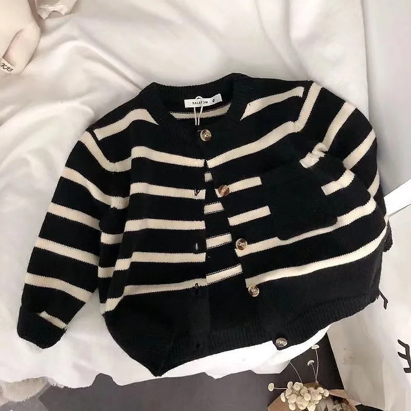 Fashion Striped Kids Sweater Boys Single Breasted Knit Coat Girls Soft Loose O-Neck Knitted Cardigan