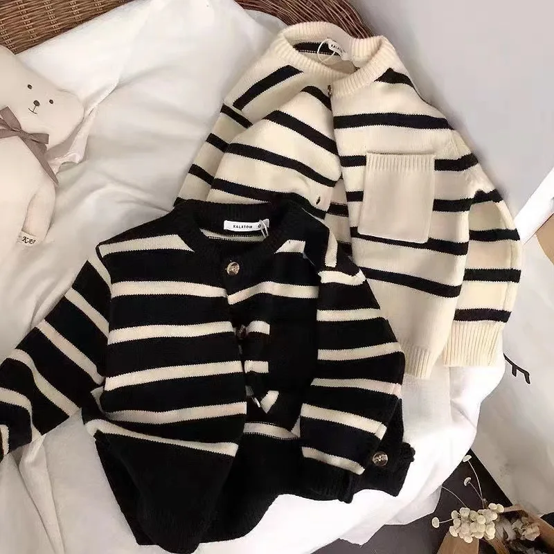 Fashion Striped Kids Sweater Boys Single Breasted Knit Coat Girls Soft Loose O-Neck Knitted Cardigan