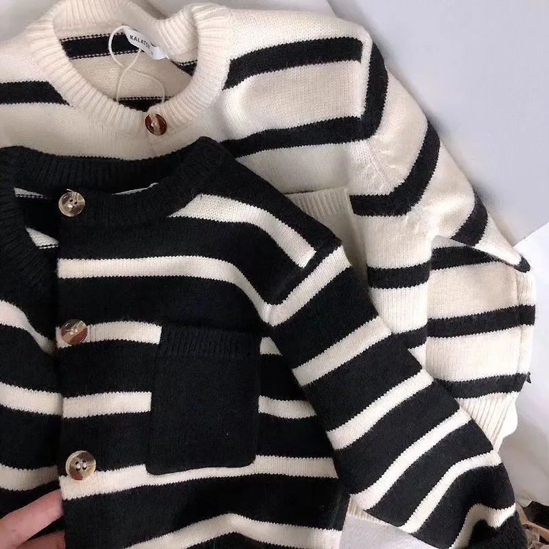 Fashion Striped Kids Sweater Boys Single Breasted Knit Coat Girls Soft Loose O-Neck Knitted Cardigan