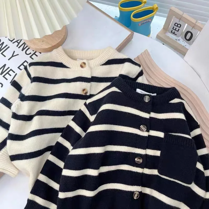 Fashion Striped Kids Sweater Boys Single Breasted Knit Coat Girls Soft Loose O-Neck Knitted Cardigan