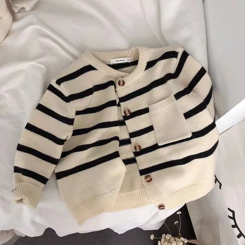 Fashion Striped Kids Sweater Boys Single Breasted Knit Coat Girls Soft Loose O-Neck Knitted Cardigan