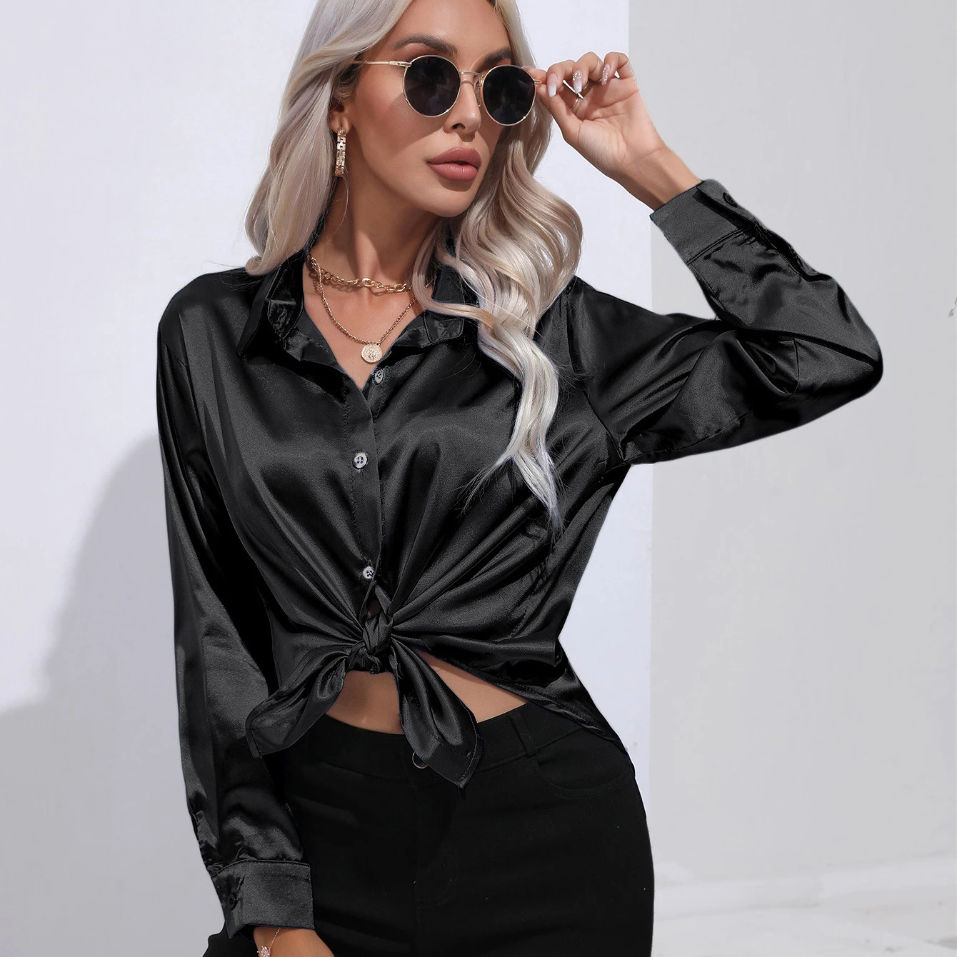 Autumn Casual Women's Blouses Elegant Satin Multicolor Basic Slim Shirt Solid Vintage Trend Ball Dance Party Shirt All-Match Top