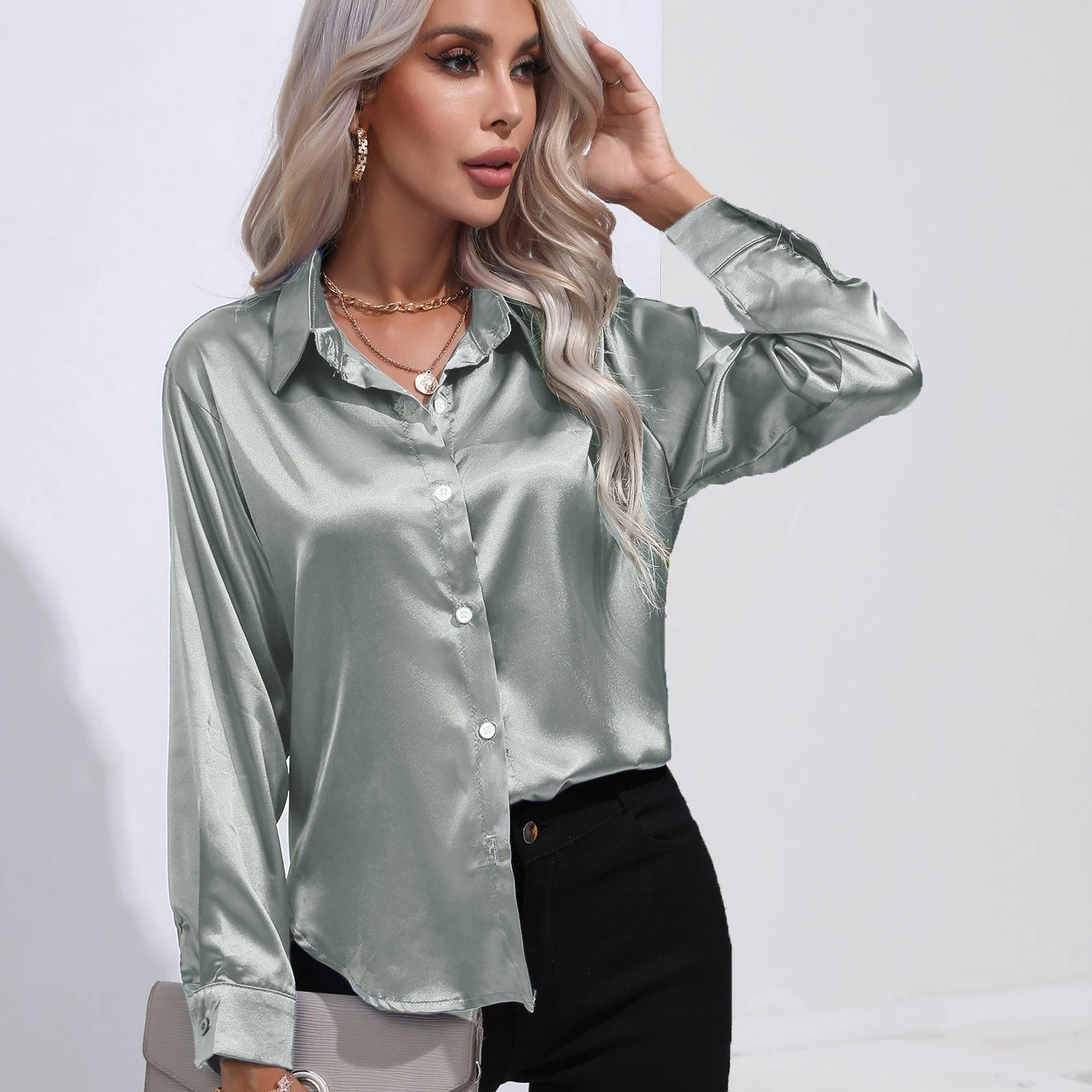 Autumn Casual Women's Blouses Elegant Satin Multicolor Basic Slim Shirt Solid Vintage Trend Ball Dance Party Shirt All-Match Top