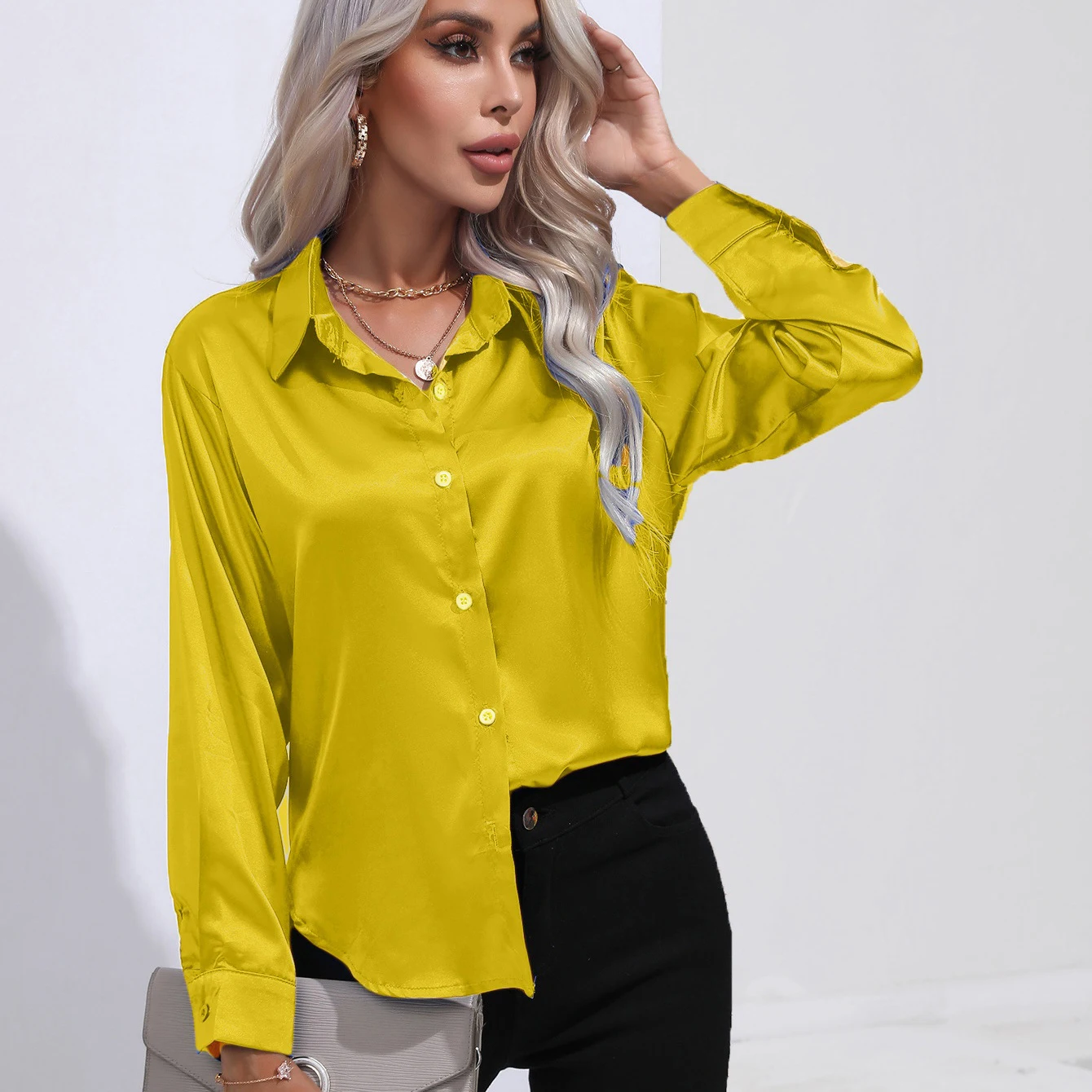 Autumn Casual Women's Blouses Elegant Satin Multicolor Basic Slim Shirt Solid Vintage Trend Ball Dance Party Shirt All-Match Top