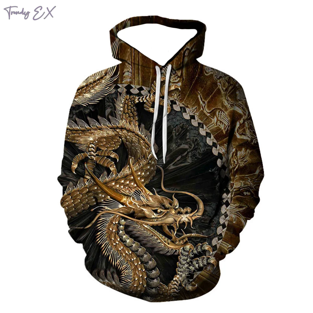 New Sweatshirt 3D Purple Flame Dragon Graphic with Drawstring Pullover Hoodies Harajuku Kangaroo Pocket Long Sleeve Men Clothes