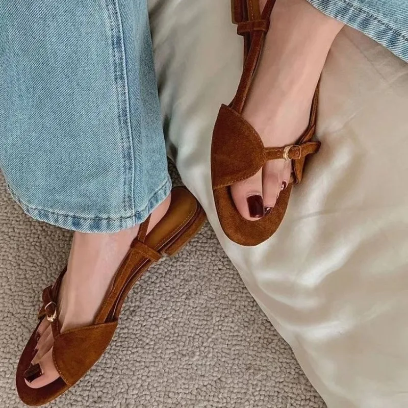 Women's Fashion Sandals New Summer Round Head Soft Frosted Open Toe Hollow Belt Buckle Flats