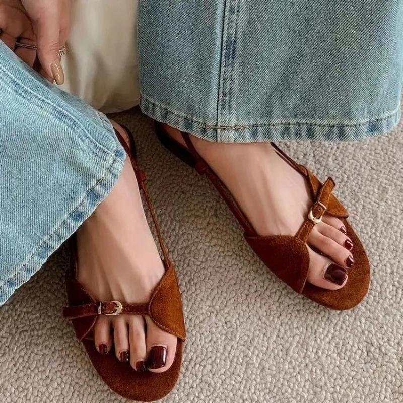 Women's Fashion Sandals New Summer Round Head Soft Frosted Open Toe Hollow Belt Buckle Flats