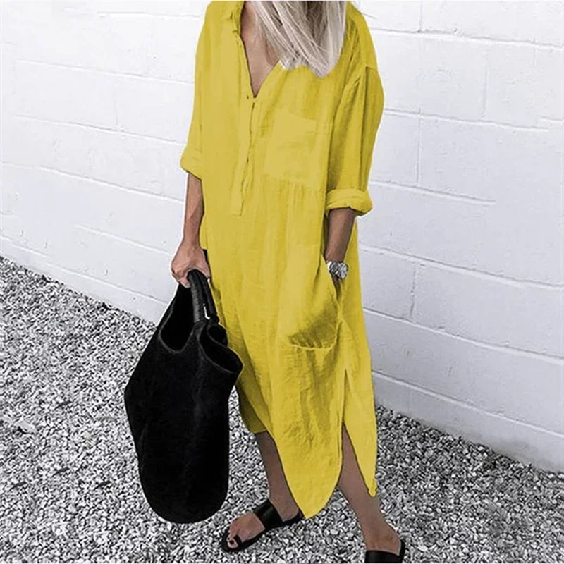Women Elegant Cotton Linen Solid Color Dresses Summer Comfortable Female Casual Commuter Dress Multi-pocket Split Hem Loose Gown