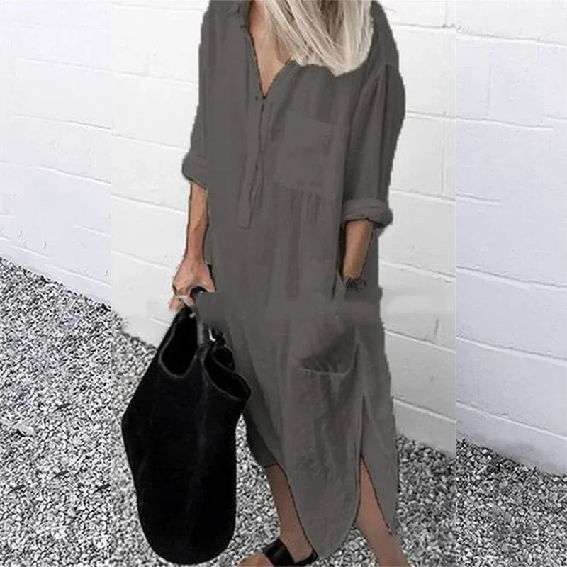 Women Elegant Cotton Linen Solid Color Dresses Summer Comfortable Female Casual Commuter Dress Multi-pocket Split Hem Loose Gown