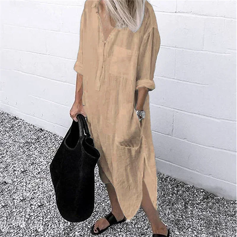Women Elegant Cotton Linen Solid Color Dresses Summer Comfortable Female Casual Commuter Dress Multi-pocket Split Hem Loose Gown