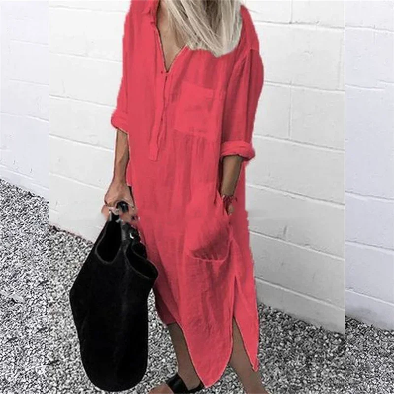 Women Elegant Cotton Linen Solid Color Dresses Summer Comfortable Female Casual Commuter Dress Multi-pocket Split Hem Loose Gown