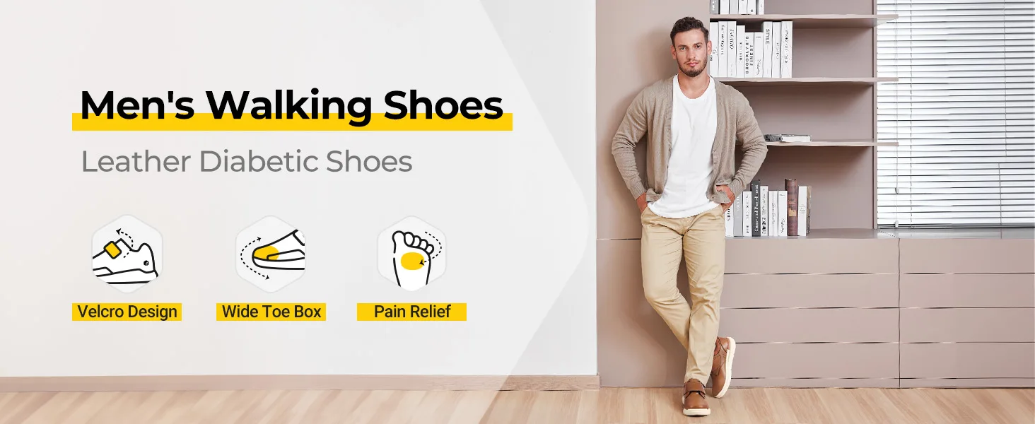 FitVille Men's Leather Shoes Diabetic Shoes Extra Wide Slip On Shoes for Orthopedic Toes Swollen Feet Non-Slip Lightweight
