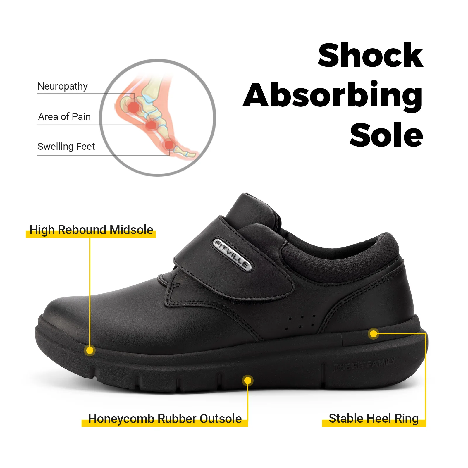 FitVille Men's Leather Shoes Diabetic Shoes Extra Wide Slip On Shoes for Orthopedic Toes Swollen Feet Non-Slip Lightweight