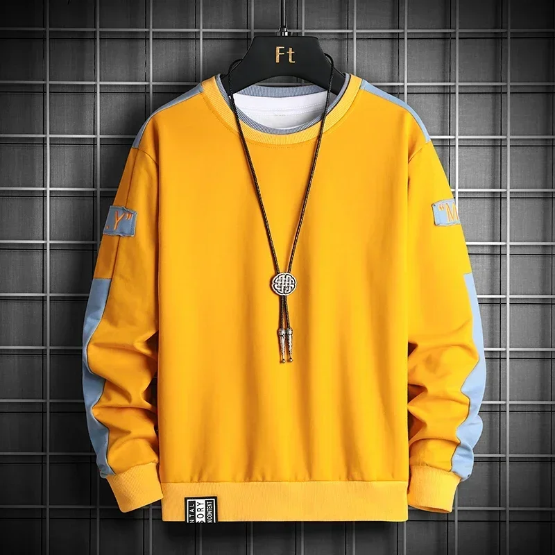 New Fashion Mens Patchwork Sweatshirt Autumn Streetwear Hip Hop Hoodies Jogger Male Yellow All-match Pullover Loose Long Sleeve