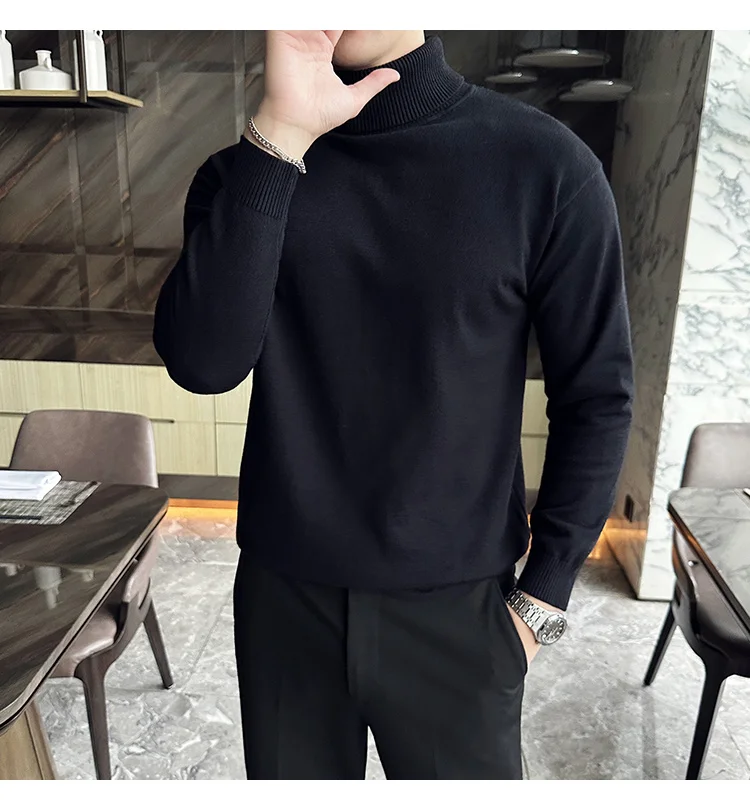 Korean Fashion Autumn Winter Sweaters Men Pullovers Fleece Turtleneck Knitted Sweatshirt Warm Bottoming Shirts