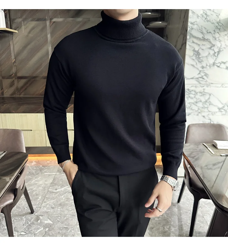 Korean Fashion Autumn Winter Sweaters Men Pullovers Fleece Turtleneck Knitted Sweatshirt Warm Bottoming Shirts