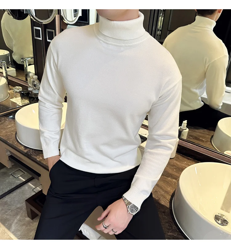 Korean Fashion Autumn Winter Sweaters Men Pullovers Fleece Turtleneck Knitted Sweatshirt Warm Bottoming Shirts